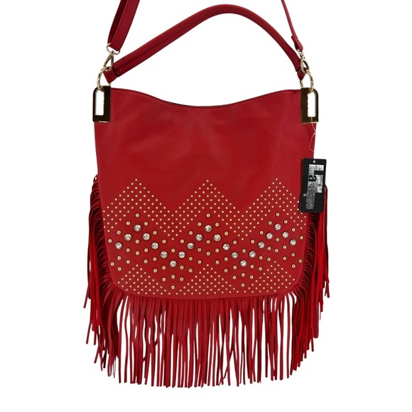 La'tique Handbags - LaTique Red Studded Fringe Hobo Bag Vegan Leather Boho Western Festival Cowgirl